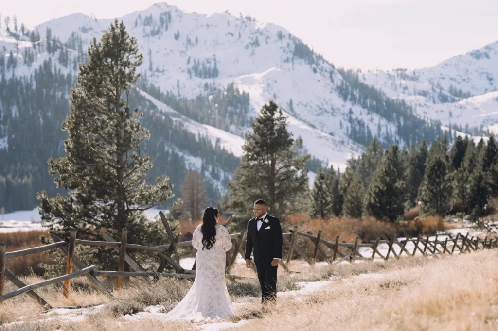 Bride and groom first look in palisades meadow before their ceremony at High Camp, Palisades Tahoe