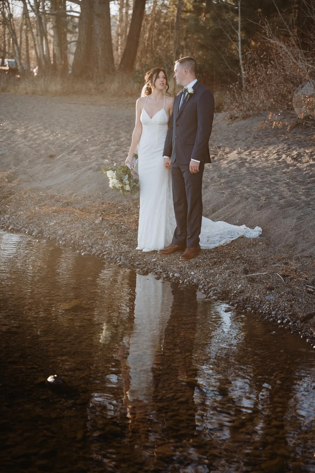 couple looking into each other's eyes during golden hour at Lake Tahoe elopement