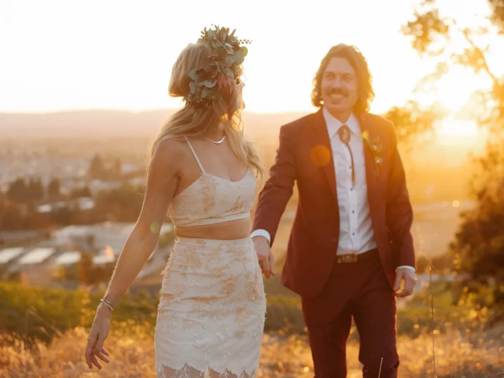 Ben and erika during golden hour at their cloverleaf ranch wedding.